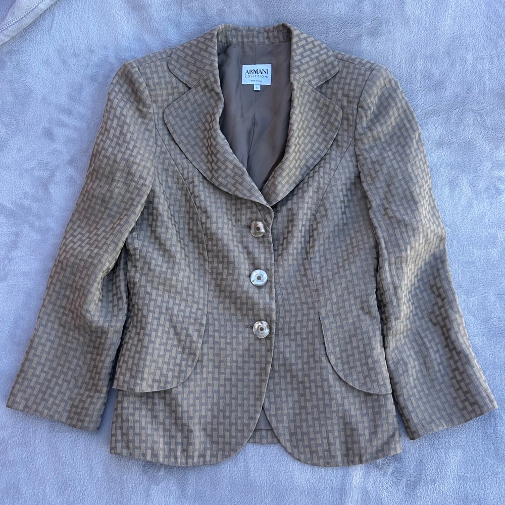Armani Collezioni Linen Silk Woven Blazer Jacket Taupe Grey Made in Italy Size 6